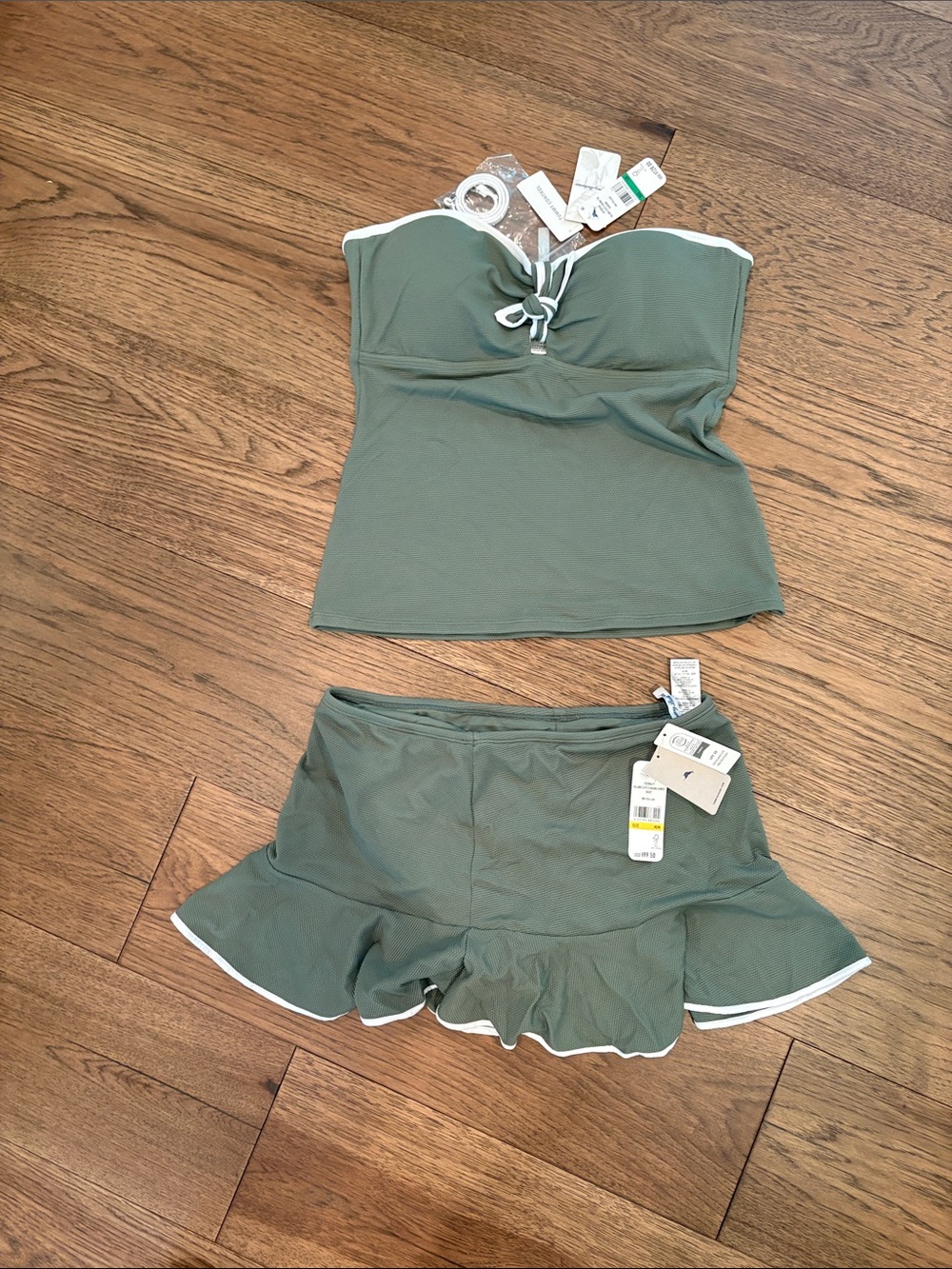 Tommy Bahama Olive Green Strapless Tankini with White Trim and Skirted Bottom